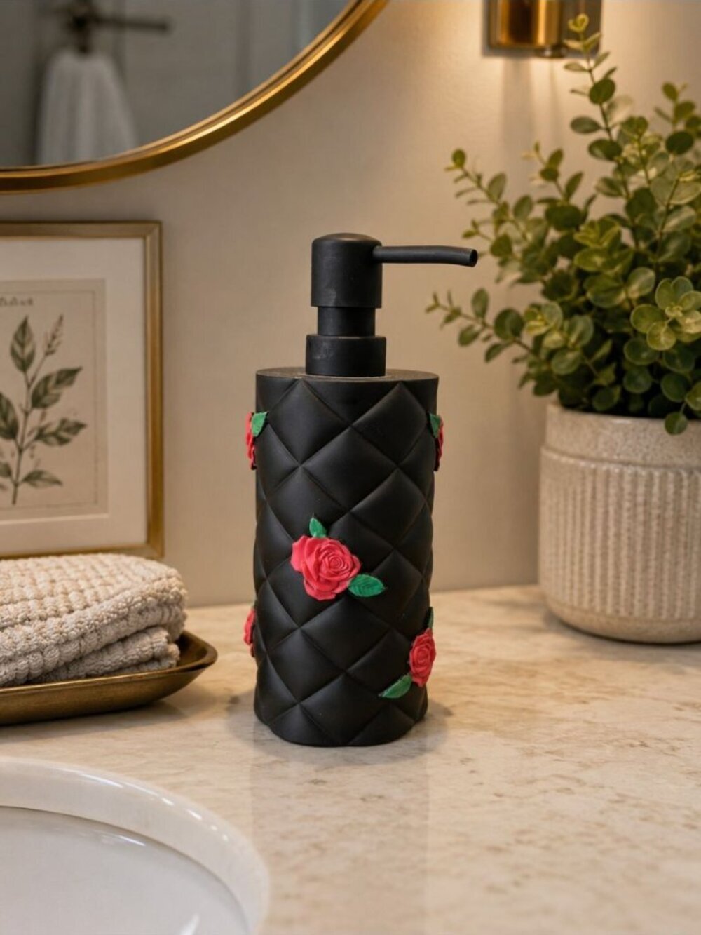 New Black Quilted Soap Lotion Dispenser. W/ Red Roses Bathroon Vanity Decor